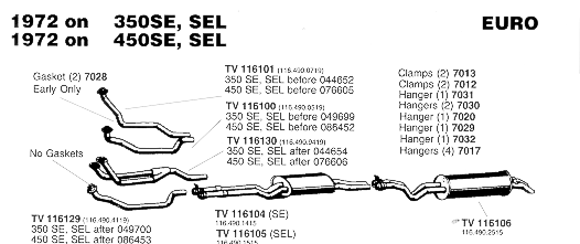 1972 On 350SE, 350SEL, 450SE and 450SEL Exhaust Systems