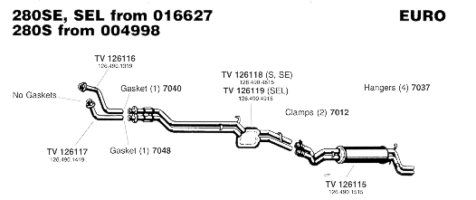 280SE, 280SEL from Chassis 016627 and 280S from Chassis 004990 Exhaust System