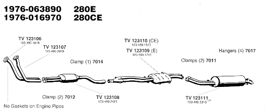 1976 to Chassis 016970 280E and 1976 to Chassis 016970 280CE Exhaust Systems